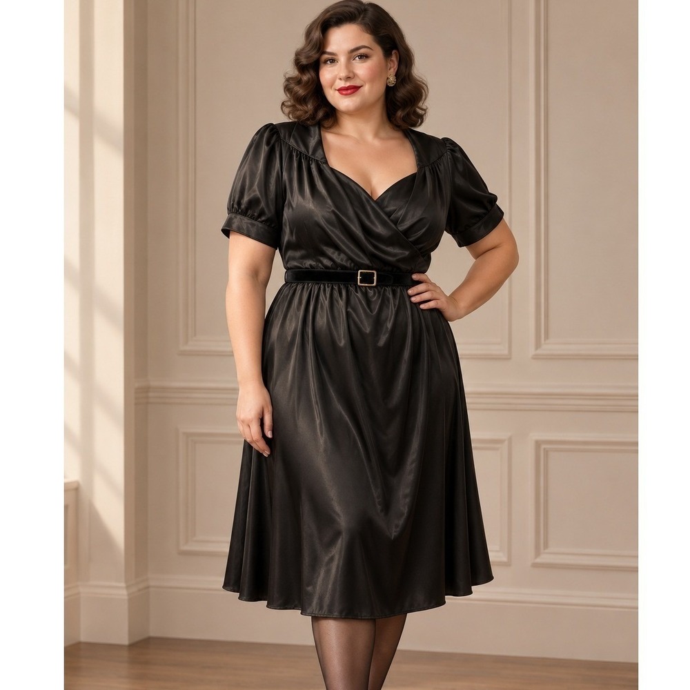 Kiyonna Women Black Satin Wrap Midi Dress Short Sleeve Plus Size 0 12 14 NWT